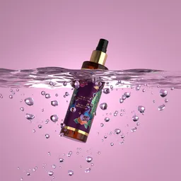 Underwater 3D-rendered product display with floating cosmetic bottle among realistic bubbles.