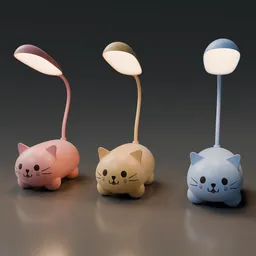 Variety of three cartoon-style cat-shaped lamps in pink, beige, and blue designed in Blender 3D for table display.