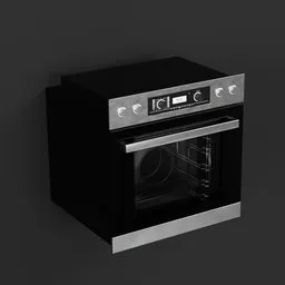 "3D model of a luxury electric oven with analog switches and lights, rendered in Blender 3D. The black and silver design features sharp lines and a sleek interface. Ideal for kitchen appliance and home design visualizations."