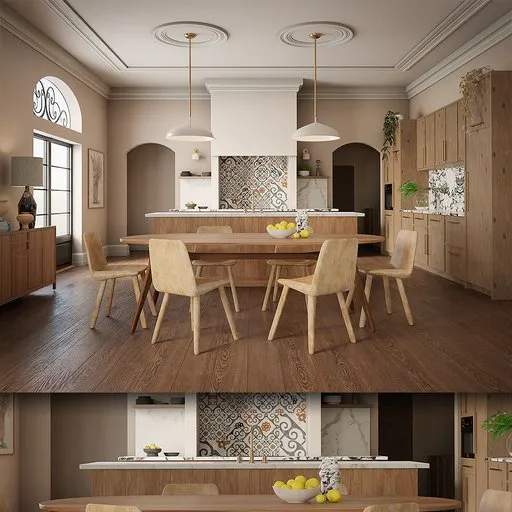 3D-modeled cabin dining room with PBR textures, Marvelous-designed bed, unique materials, and Substance-crafted details.
