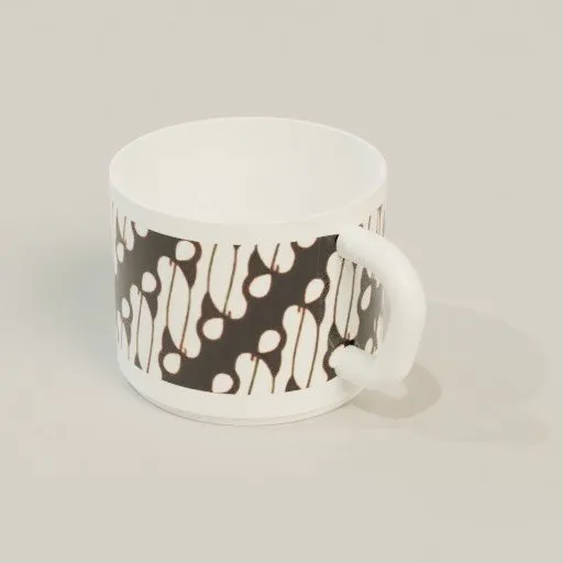 Detailed 3D model of a batik patterned coffee cup for Blender artists and designers.
