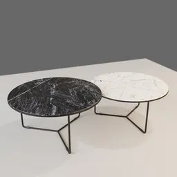 Realistic 3D model of black and white marble nesting tables with sleek metal frames, compatible with Blender.