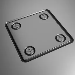 "Scifi Decal Wall Square Panel 020 3D model created with Blender features a metal tray with four buttons, designed in isometric top-down left view. The design includes video game icon, female floating, shiny floor, and twitch tv elements. Created using the decal machine, this 3D model is perfect for science-miscellaneous projects in gaming and design."