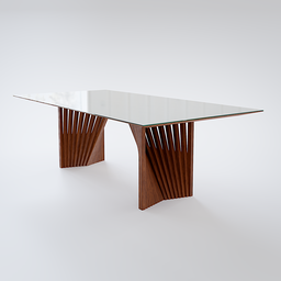 "Rectangular wooden dining table with a glass top, modeled in Blender 3D. Featuring unique design elements such as defined lines and twisted flux. Top rated and rigid, this table is perfect for any dining room."