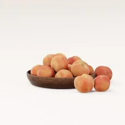 Realistic 3D modeled peaches in a detailed wooden bowl, suitable for Blender rendering projects.