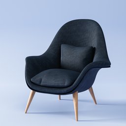 "Fredericia Swoon Lounge Chair - A close up of a Scandinavian style denim lounge chair with a pillow on it, depicted as a 3D render. This elegant chair, featured in Blender 3D, showcases a textured base and exudes a sense of sophistication and comfort."