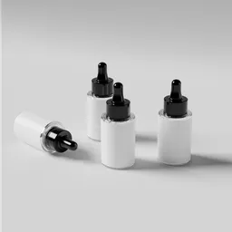 3D-rendered skincare serum dropper bottles in a minimalist white mockup scene.