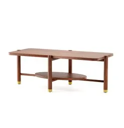 Detailed 3D model of a large rectangular walnut accent table with shelf and brass feet, compatible with Blender.