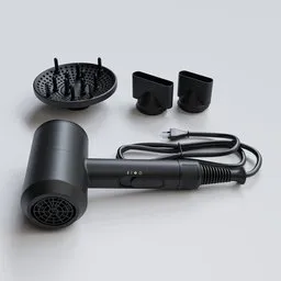 "High resolution 3D model of a black hair dryer with multiple attachments and flexible cord for Blender 3D software. Inspired by Oluf Høst and featuring mist filters, perfect for household appliance designs."