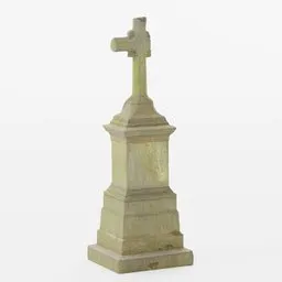 "Old Gravestones PBR Scan 05 3D model for Blender 3D. Featuring a detailed cemetery marker with small object details and a cross statue on a pedestal in bright Castleton green. Part of a collection of grave stones captured in an old German park."