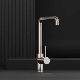 High-quality 3D model render of a modern chrome kitchen faucet, compatible with Blender 3D.