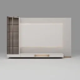 "White LED wall with showcase cabinet and storage drawers 3D model for Blender 3D. Inspired by art styles such as Piero della Francesca and Shi Zhonggui, with a modern touch of Peugot Onyx. Ideal for TV cabinets category."
