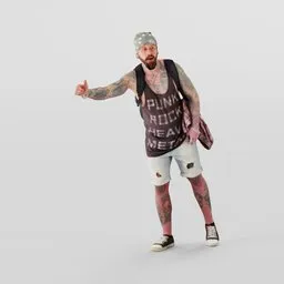 Bearded 3D hitchhiker model with tattoos and metal accessories, in denim shorts and sneakers, thumb out, for Blender.