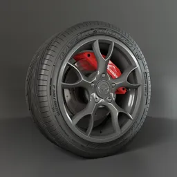 Detailed 3D rendering of a car wheel and brake assembly, compatible with Blender.
