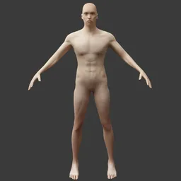 "Male base mesh 3D model for Blender 3D: high-realism video game asset with thin hairless body and male anatomy. Full body length with detailed orthographic front view ideal for sculpting. Perfect for Twitch streamers and game developers."