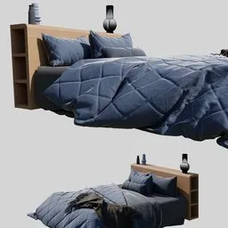 "Bed Bertie 3D model rendered in Unreal Engine with blue comforters and pillows. Inspired by Peter Madsen, this BlenderKit creation features destructible environments, weapons arrays, and interesting textures. Perfect for Blender 3D users looking for a high-quality bed model."