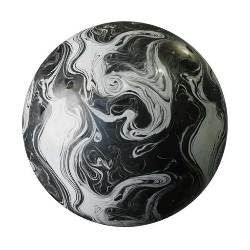High-resolution PBR marble texture with swirling black and white pattern for realistic 3D rendering in Blender.