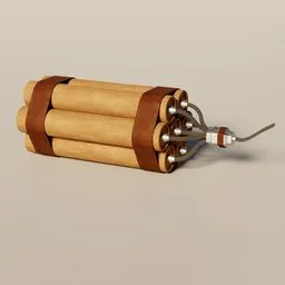 "High-quality 3D model of historic military dynamite cartridges featuring wooden sticks, detonators, and metal handles. Perfect for realistic and accurate depictions of explosive devices on tables or in action scenes. Created with Blender 3D software."