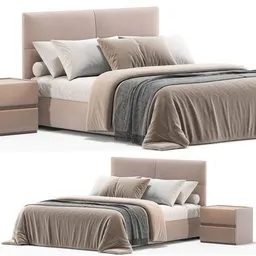 "A high-detail 3D model of a Queen bed in the Askona Orlando style, perfect for use in Blender 3D. The model includes a headboard and foot board inspired by Bernardo Daddi and features a soft color palette with a dark, neutral tone. With a delivery in a parcel box and unwrapped, this model is ready to use at 171x212x112H centimeters and 467,728 polygons via the Cycles render."