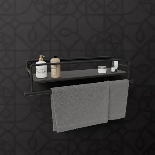 Detailed 3D model of a sleek bathroom towel rail with toiletries on shelf, perfect for Blender interior design.