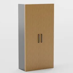 Highly detailed Blender 3D model of a tall wooden office storage cupboard with metal handles.