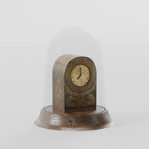 Detailed 3D Blender model of an adorned vintage clock under a glass dome without background.