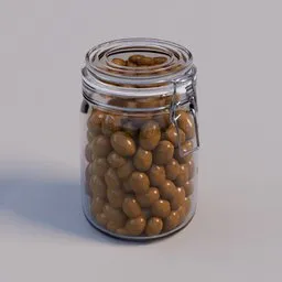 Realistic 3D-rendered glass jar filled with milk chocolate-covered nuts, ideal for Blender 3D projects.