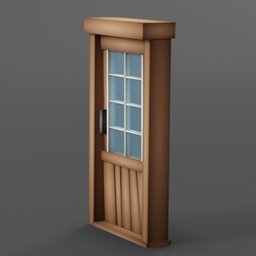 "3D model of a wooden front door with a window and door handle, designed for Blender 3D software. Stylized in a fantasy miniature style, perfect for character art projects such as Maple Story. Created by Carl Critchlow and inspired by the Betty Fleetfoot movie."