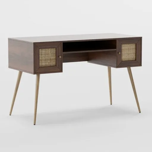 Retro Scandinavian-style 3D modeled wood and rattan desk with customizable color options from the BOHEME collection, compatible with Blender.