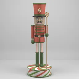 "Christmas Nut Cracker Toy Soldier 3D Model for Blender 3D - inspired by Bill Ward and featuring a candy cane, this festive toy soldier is perfect for child-themed projects. Modeled with SolidWorks and showcasing triadic chrome shading, this wooden bank design is reminiscent of 19th century style. Find it on Sketchfab and other popular design sites."