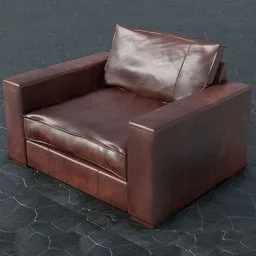 Detailed 3D model of a brown leather armchair with textured finish for Blender rendering.