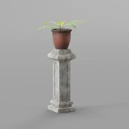 "Nature-inspired garden pedestal with plant pot, highly detailed 3D model for Blender 3D. Features antique renewal design, concrete pillars, and cast iron material. Includes subdivision control and compatible with Autodesk and C4D software. Created by Bapu and available on BlenderKit under the 'nature-outdoor' category."