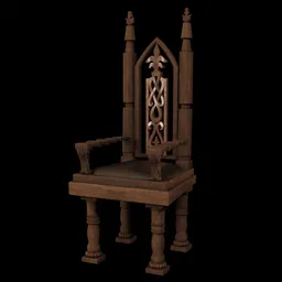 Detailed medieval-style 3D wooden chair with ornate backrest and rose design, optimized for Blender with PBR textures.