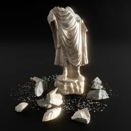 "Explore our 3D sculpture of a broken statue, perfect for concept art, created with Blender 3D software. The AI-generated model features a damaged woman surrounded by stones, broken vases, and destroyed clothes, as well as influences from Buddhism and Roman monuments. Paid art assets by Xia Gui have been used to create a stunning, fractured scene."