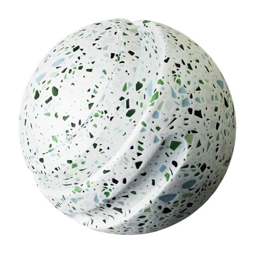 Seamless Terrazzo Floor 01 texture for PBR, with texture scale, color adjustments, and displacement node setup for 3D materials.