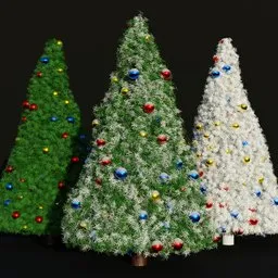 "Procedurally generated Christmas tree model with adjustable properties, optimized for both cycles and eevee in Blender 3D software. Features snow, ornaments, and varying tree sizes and densities, inspired by Arthur Quartley and Christopher Moeller."