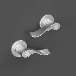 "Silver handle door on a gray surface, designed for Blender 3D. This ultra-realistic, articulated 3D model showcases two ribbed handles with a new white finish. Inspired by Thomas Kluge, the design combines brass and steam technology, perfect for various 3D scenes."