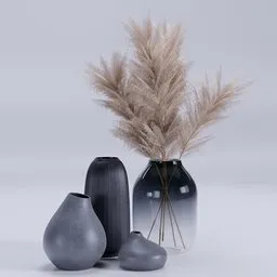 "Enhance your decor with stunning 3D vases featuring pampas grass feathers, perfect for beach and country weddings and bathroom countertops. Created with Blender 3D software, this model showcases solid-colored shapes with textured bases and polished details. Get inspired by the Guan Daosheng-inspired design and get the finishing touch with these monochrome beauties."