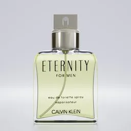 3D model of Calvin Klein Eternity cologne in a white-lit Blender visualization scene.
