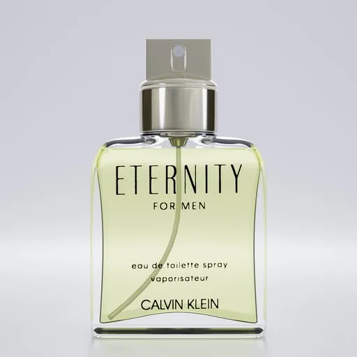 3D model of Calvin Klein Eternity cologne in a white-lit Blender visualization scene.