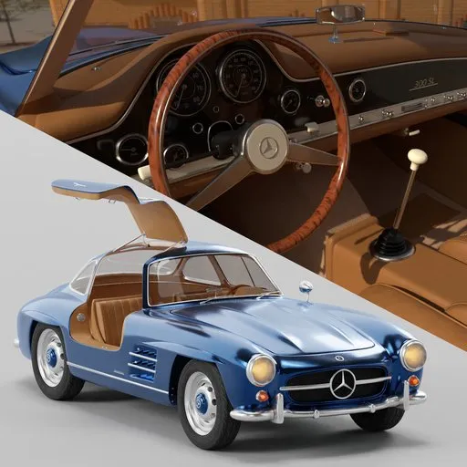 Detailed 3D model of a blue Mercedes Benz 300 SL with open gullwing doors and a procedural material finish.