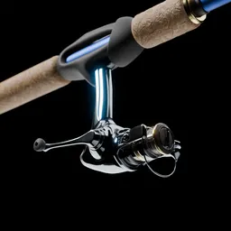High-detail 3D rendering of a fishing rod with reel, optimized for Blender, showcasing PBR textures and high-poly design.