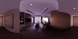 Panoramic HDR image of a modern hotel suite lounge with L-shaped sofa, wooden furniture, and stylish decor for scene lighting.