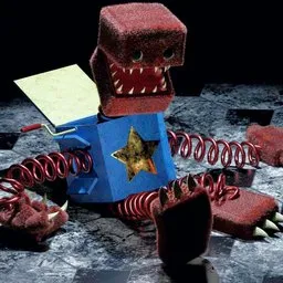 "Boxy Boo, a unique monster creature 3D model for Blender 3D. Features include resident evil virus concept art, flowers and beads adorning its felt and cloth body, and a shooting star backdrop. Perfect for game projects like "Boxy Boo playtime"."