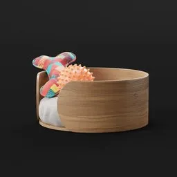 Realistic 3D wooden pet bed model with pillow, chew toys, rendered in Blender.