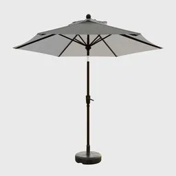 "White umbrella with black pole on a white background, a monochrome 3D model ideal for exterior. Steel gray body, round base, and ultra high detail. Perfect for Blender 3D modeling of swimming pool sunshades."