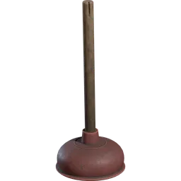 Realistic 3D model of a plunger with wooden handle and red rubber cup for Blender rendering.