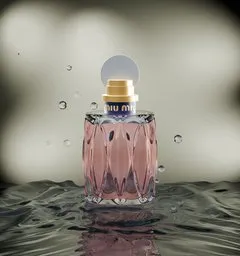 3D-modeled perfume bottle with dynamic water drops, ideal for product placement mockups in Blender.