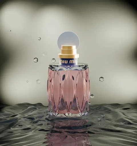 3D-modeled perfume bottle with dynamic water drops, ideal for product placement mockups in Blender.