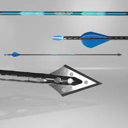 Detailed 3D rendering of a carbon hunting arrow with a sharp arrowhead and luminous nock for Blender 3D graphics.